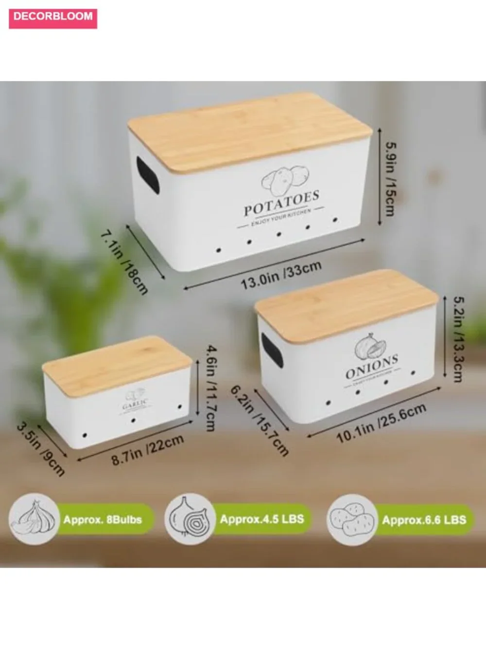 Kitchen Vegetable Storage Set of 3 | Metal Onion Garlic Potato Keeper with